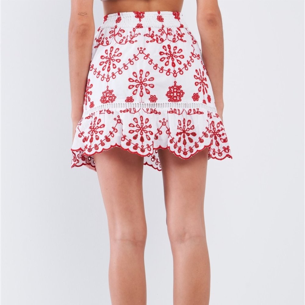 Red & Wht High Waist Eyelet Embroidered Skirt - Picture 2 of 3